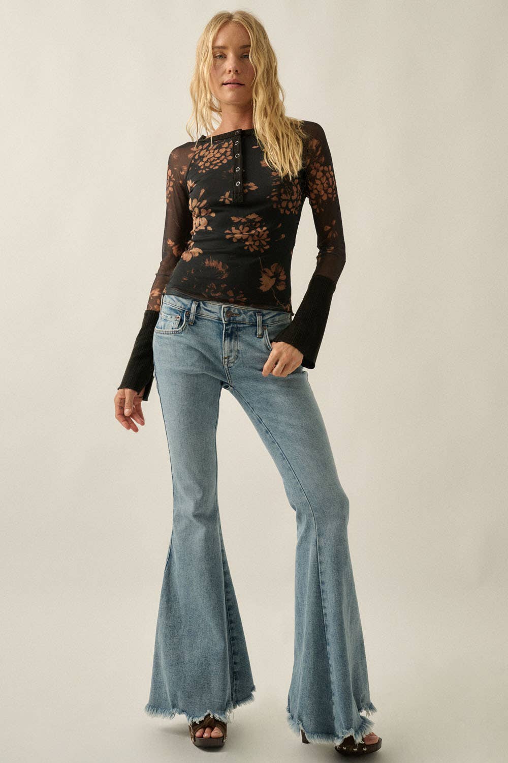 Floral Mesh Raglan Henley Top