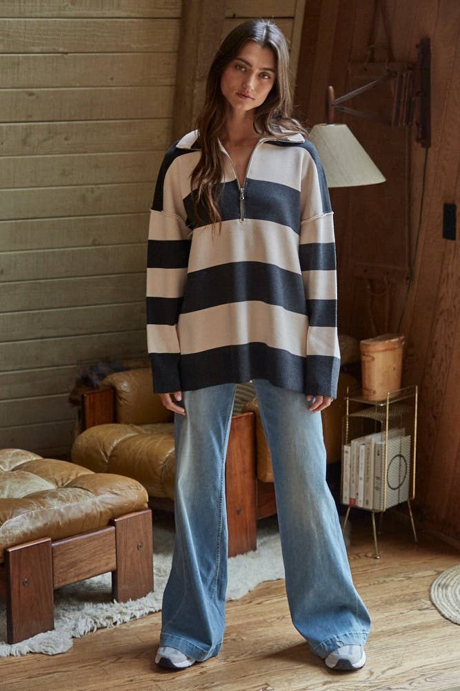 Knit Striped Half Zip Up Top Black Combo