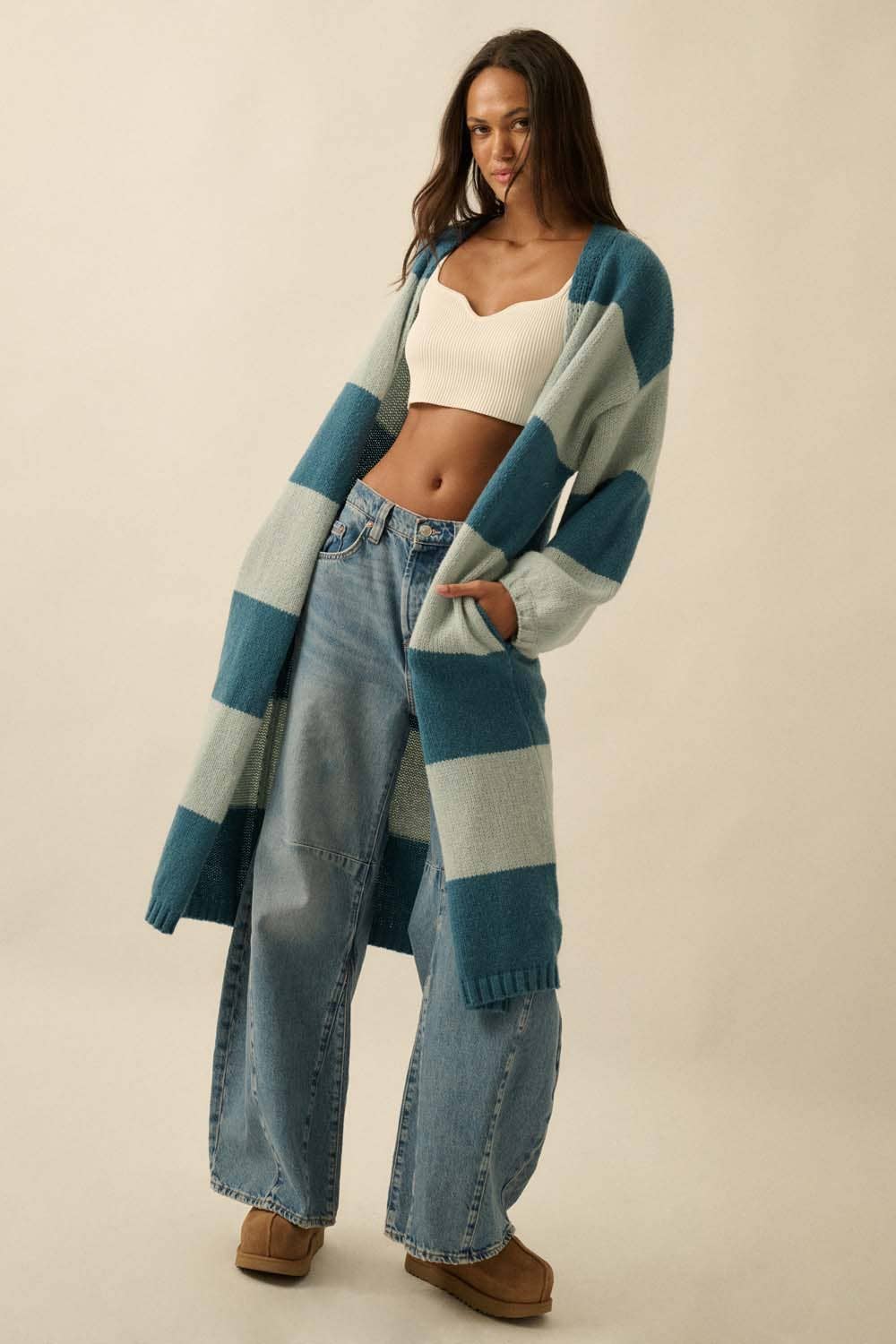 Striped Knit Open Cardi Blue