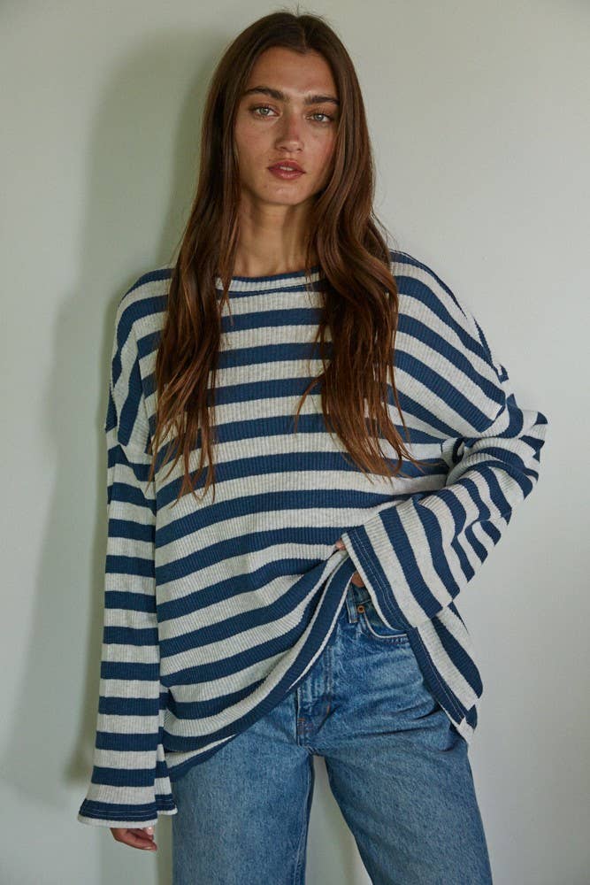 Knit Ribbed Striped Long Sleeve Pullover