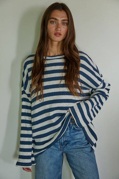 Knit Ribbed Striped Long Sleeve Pullover