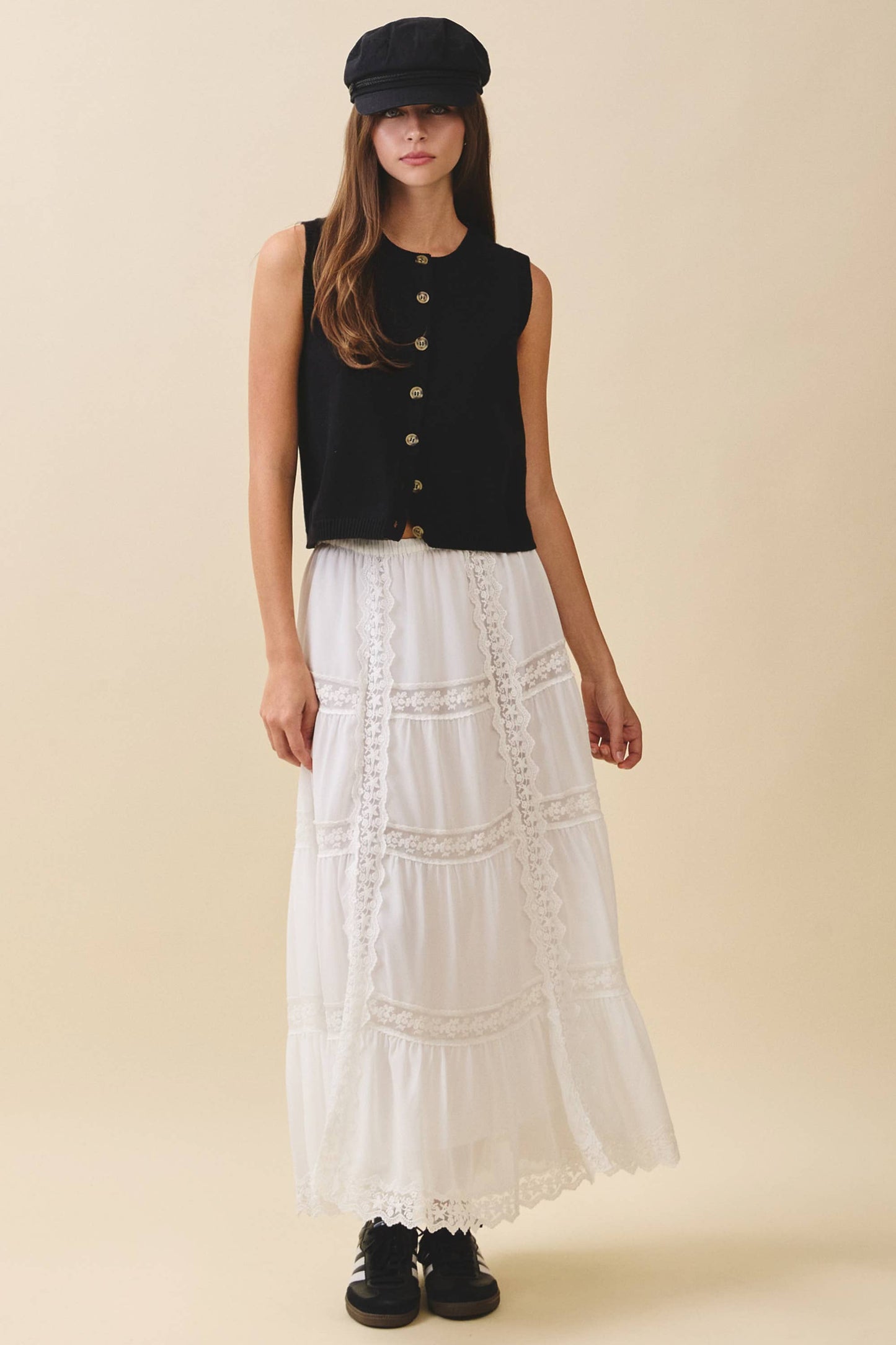 Button Front Knit Vest Top Black