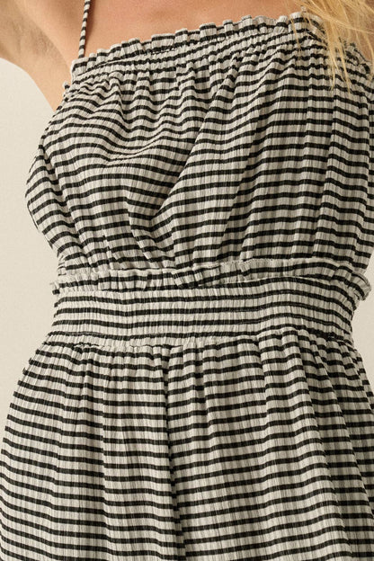 Gingham Plaid Open-Back Bubble-Leg Cami Jumpsuit