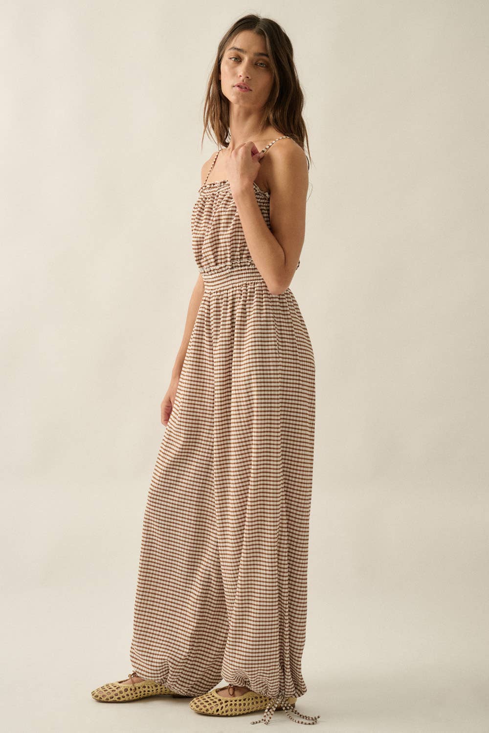 Gingham Plaid Open-Back Bubble-Leg Cami Jumpsuit