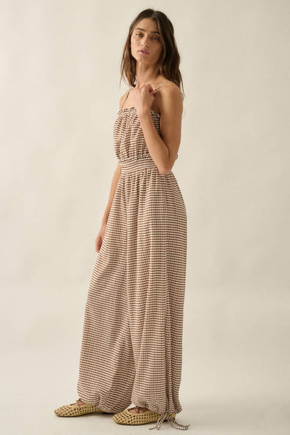 Gingham Plaid Open-Back Bubble-Leg Cami Jumpsuit