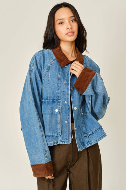AJJ6209 CORDUROY CONTRAST A-LINE DENIM JACKET