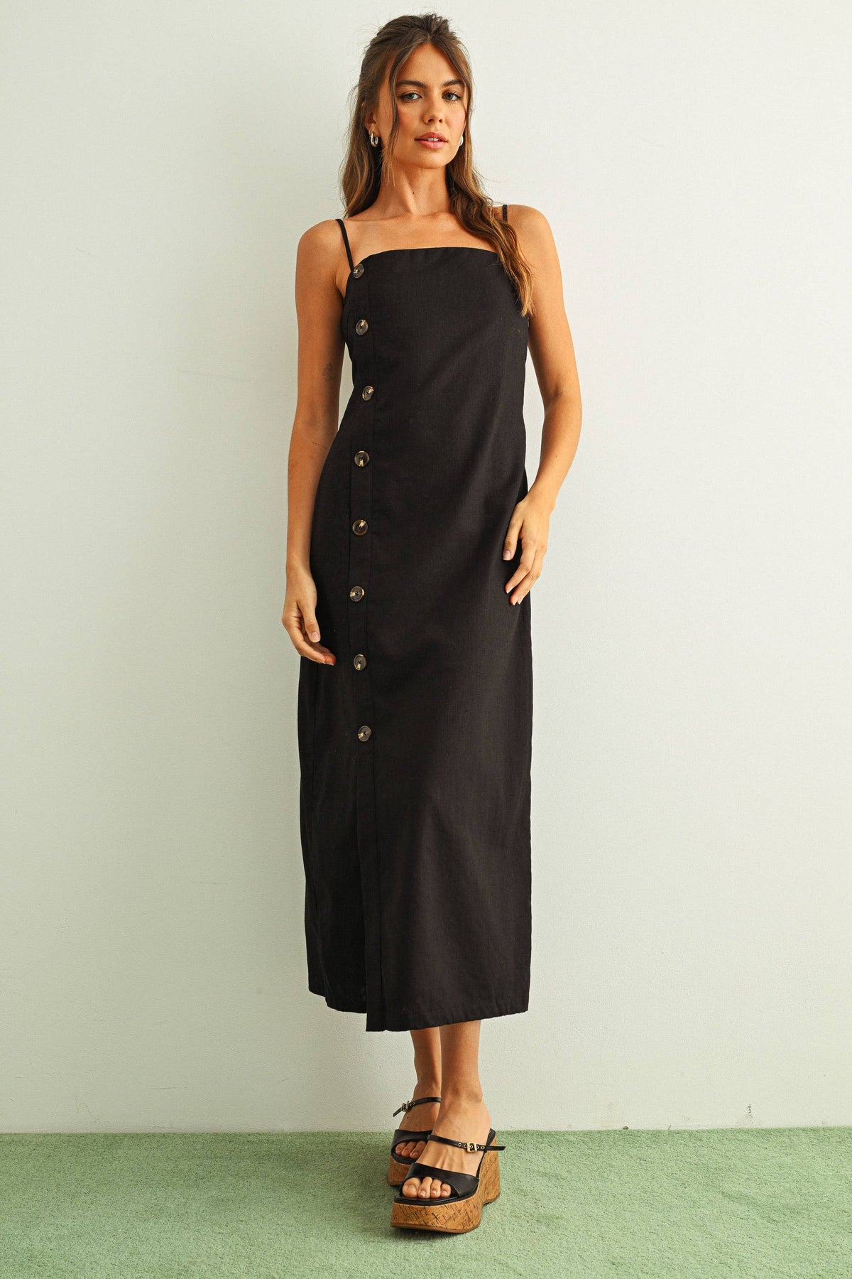 Button Detail Long Linen Dress in Black