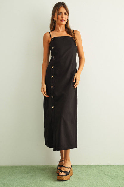 Button Detail Long Linen Dress in Black