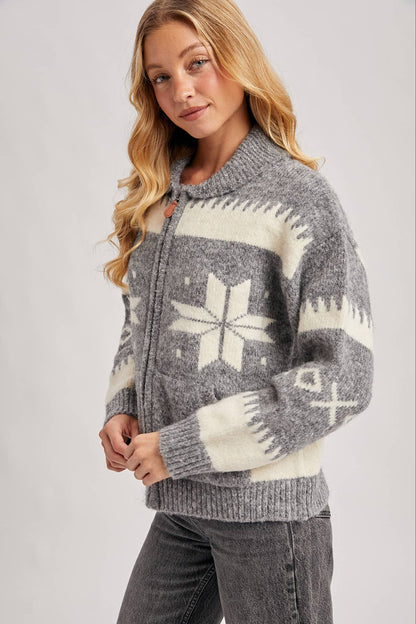FAIR ISLE FUZZY KNIT FRONT ZIPPER CARDIGAN