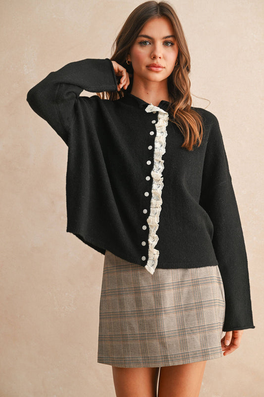 FRONT LACE TRIM KNITTED CARDI