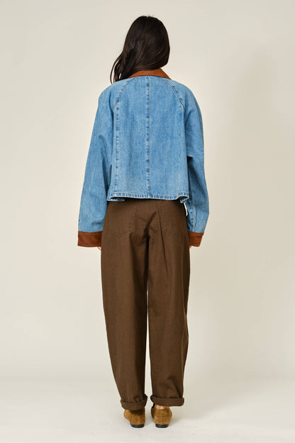 AJJ6209 CORDUROY CONTRAST A-LINE DENIM JACKET