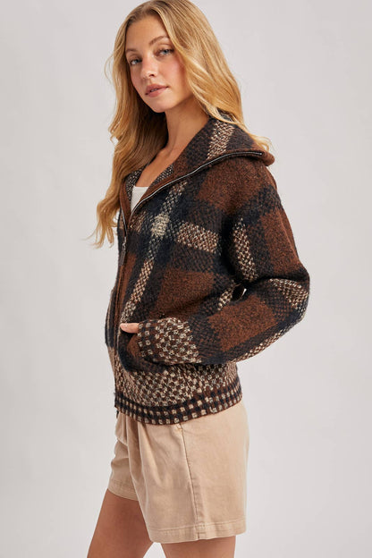 Plaid Wide Collar Zip Sweater