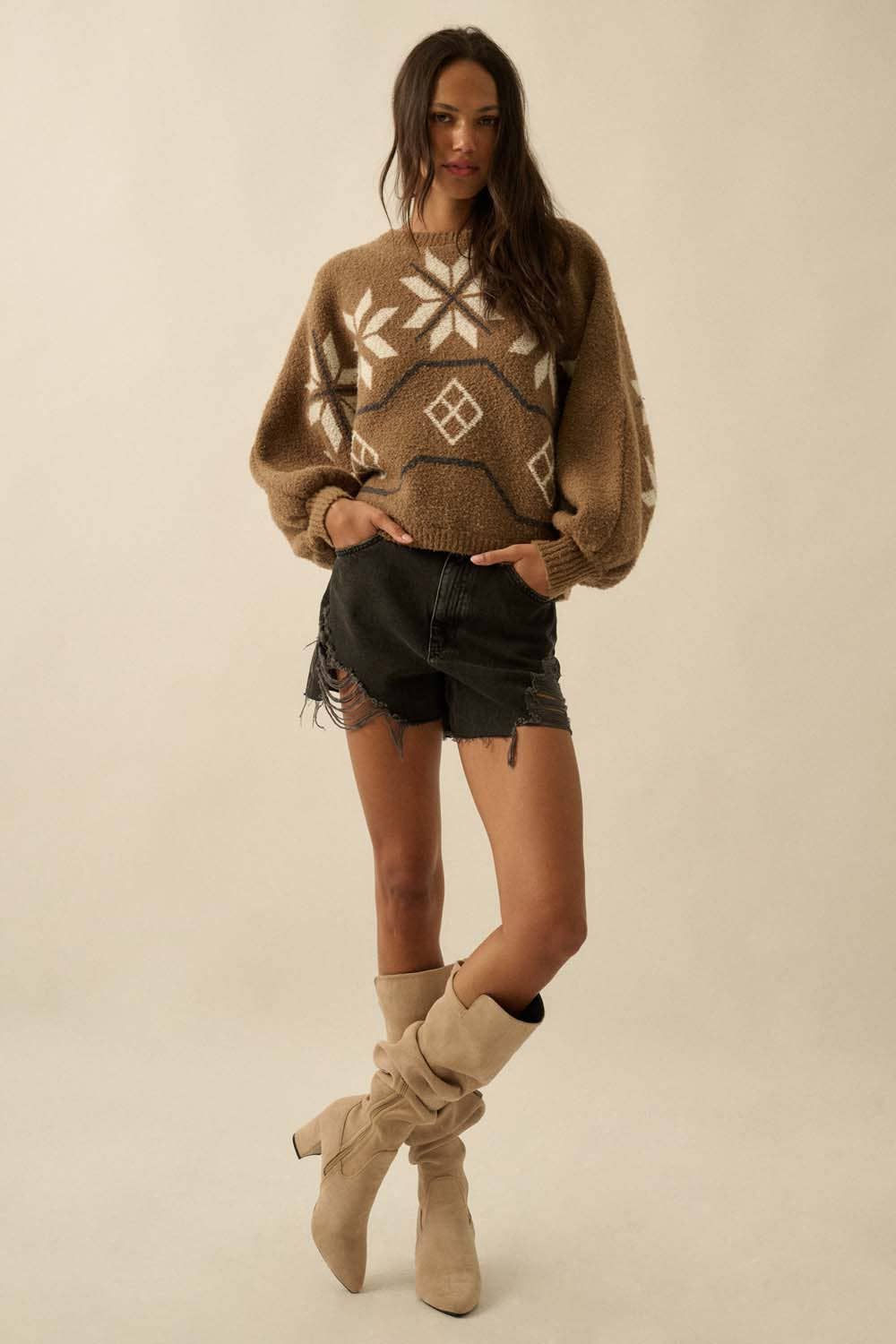 Textured Alipine-Knit Dolman Sweater