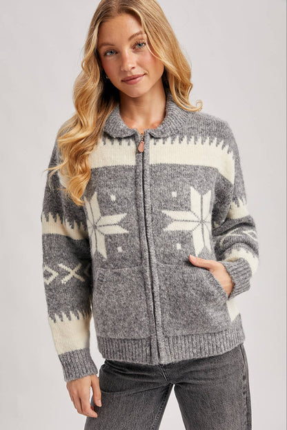 FAIR ISLE FUZZY KNIT FRONT ZIPPER CARDIGAN