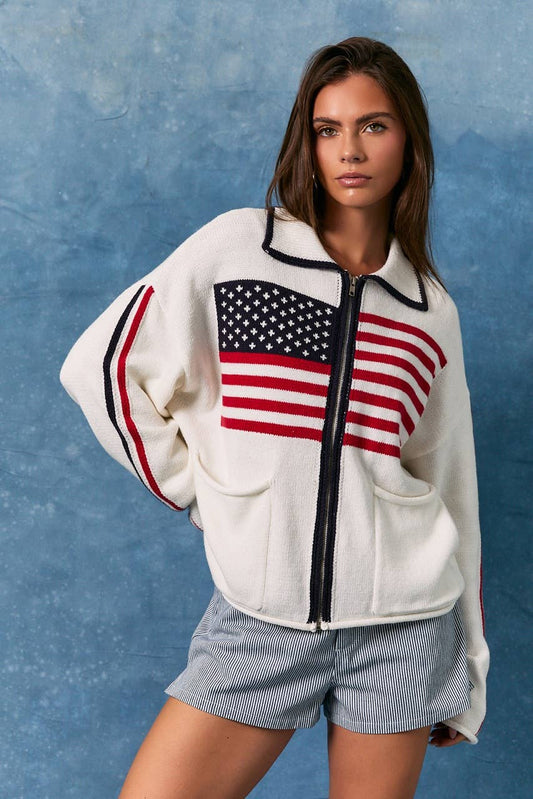 LONG SLEEVE COLLARED "USA FLAG" OVERSIZED SWEATER JACKET