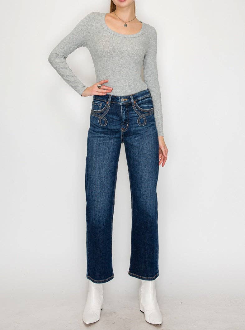High Rise Straight   Western Detail Design Jeans