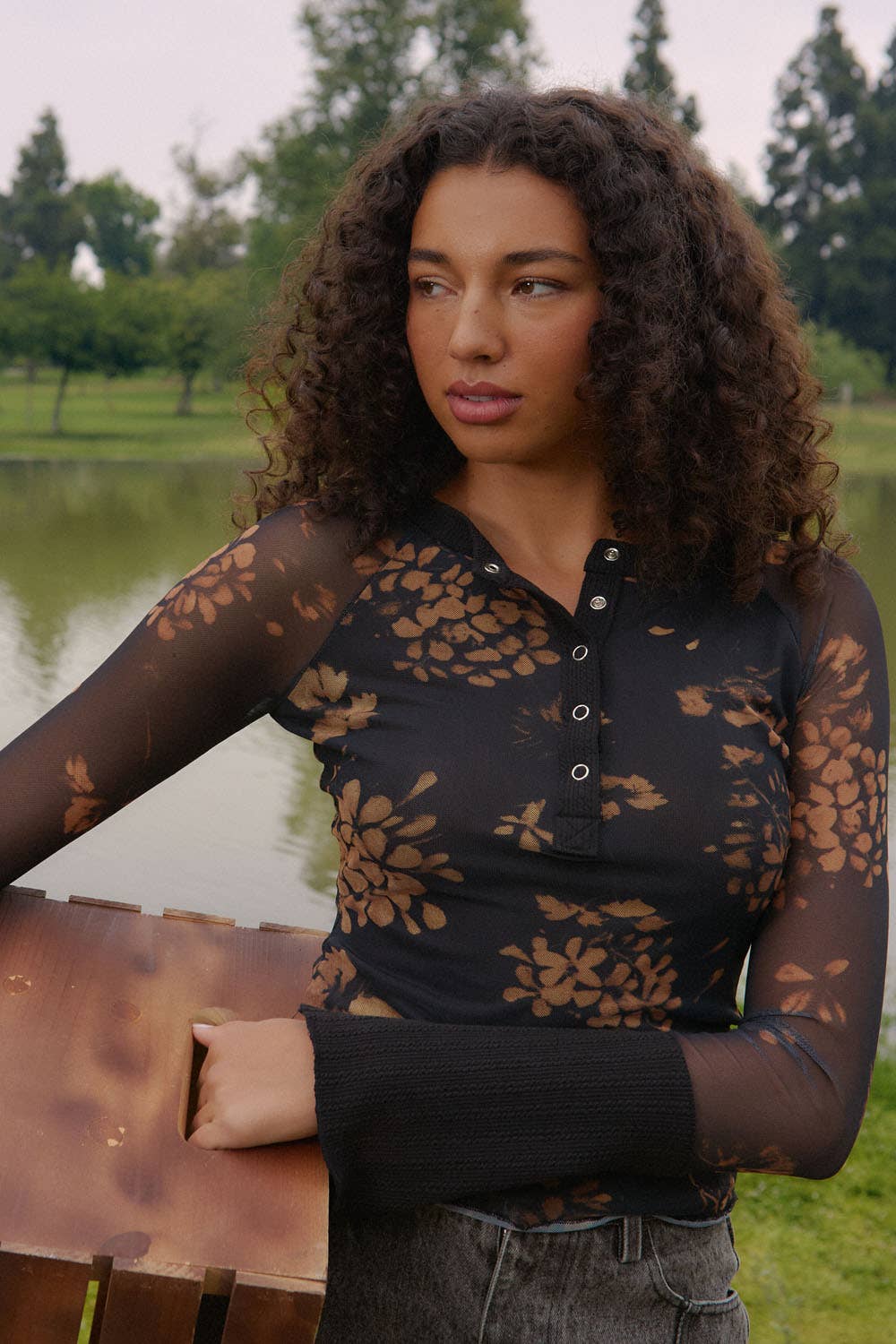 Floral Mesh Raglan Henley Top