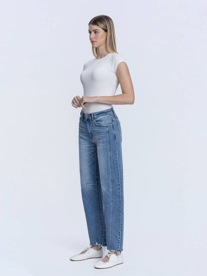 HIGH RISE RAW HEM SEAM DETAIL BARREL JEANS