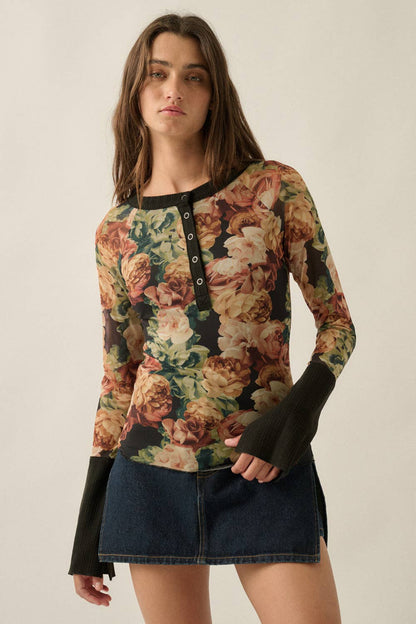 Floral Mesh Split-Cuff Top
