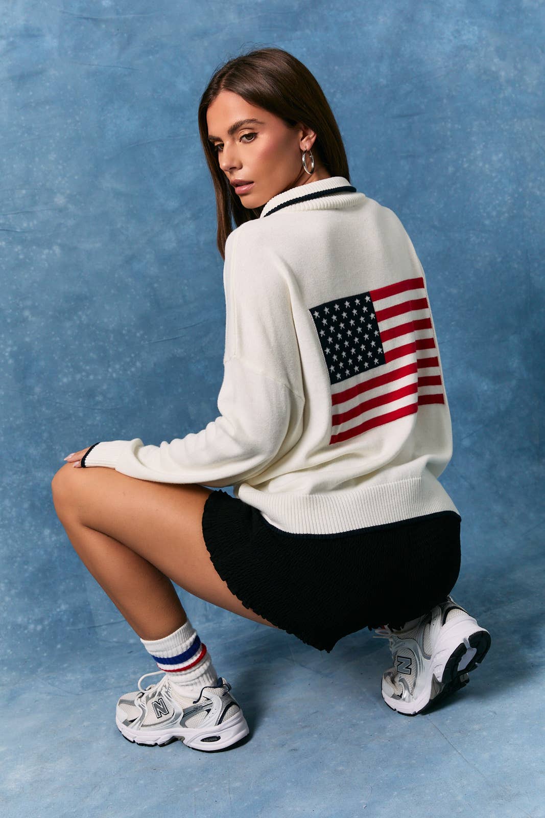 COLLARED "USA" FLAG HALF ZIP SWEATER