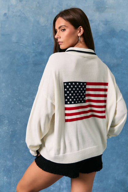 COLLARED "USA" FLAG HALF ZIP SWEATER