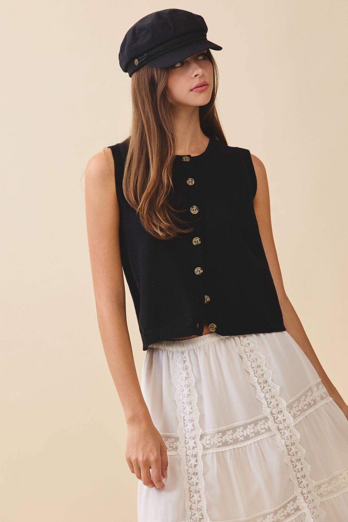 Button Front Knit Vest Top Black