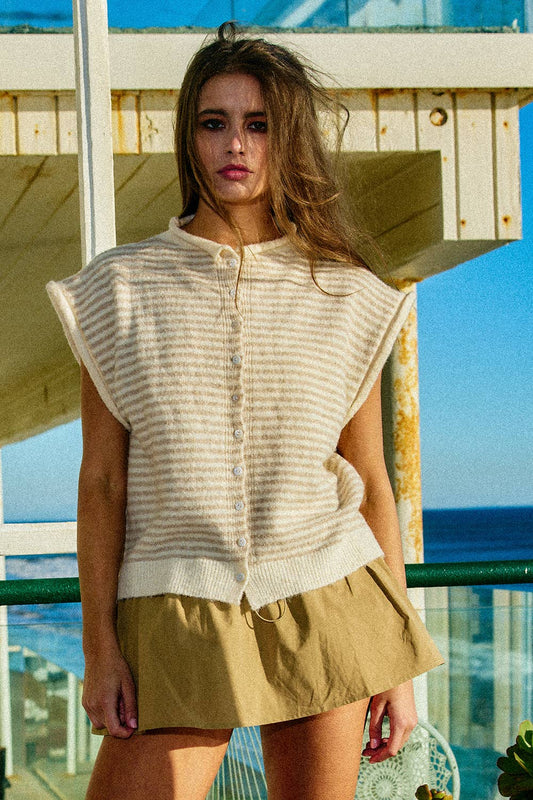 Button Front Soft Knit Stripe Cardigan