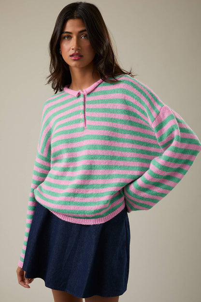 LONG SLEEVE ROLLED HEMLINE DETAIL STRIPE HALF BUTTON SWEATER