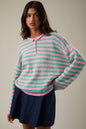 LONG SLEEVE ROLLED HEMLINE DETAIL STRIPE HALF BUTTON SWEATER