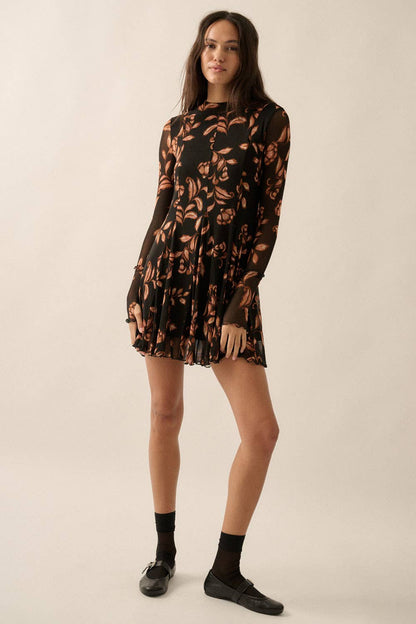 Floral Mesh Long-Sleeve Pleated Skater Mini Dress