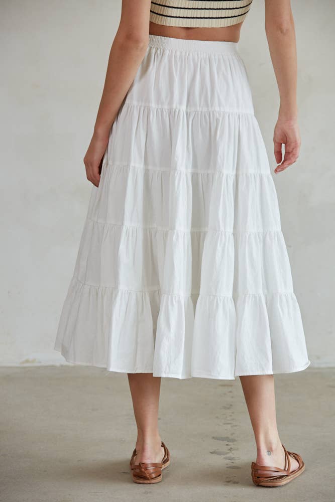 Woven Cotton Flare Ruffled Midi Skirt