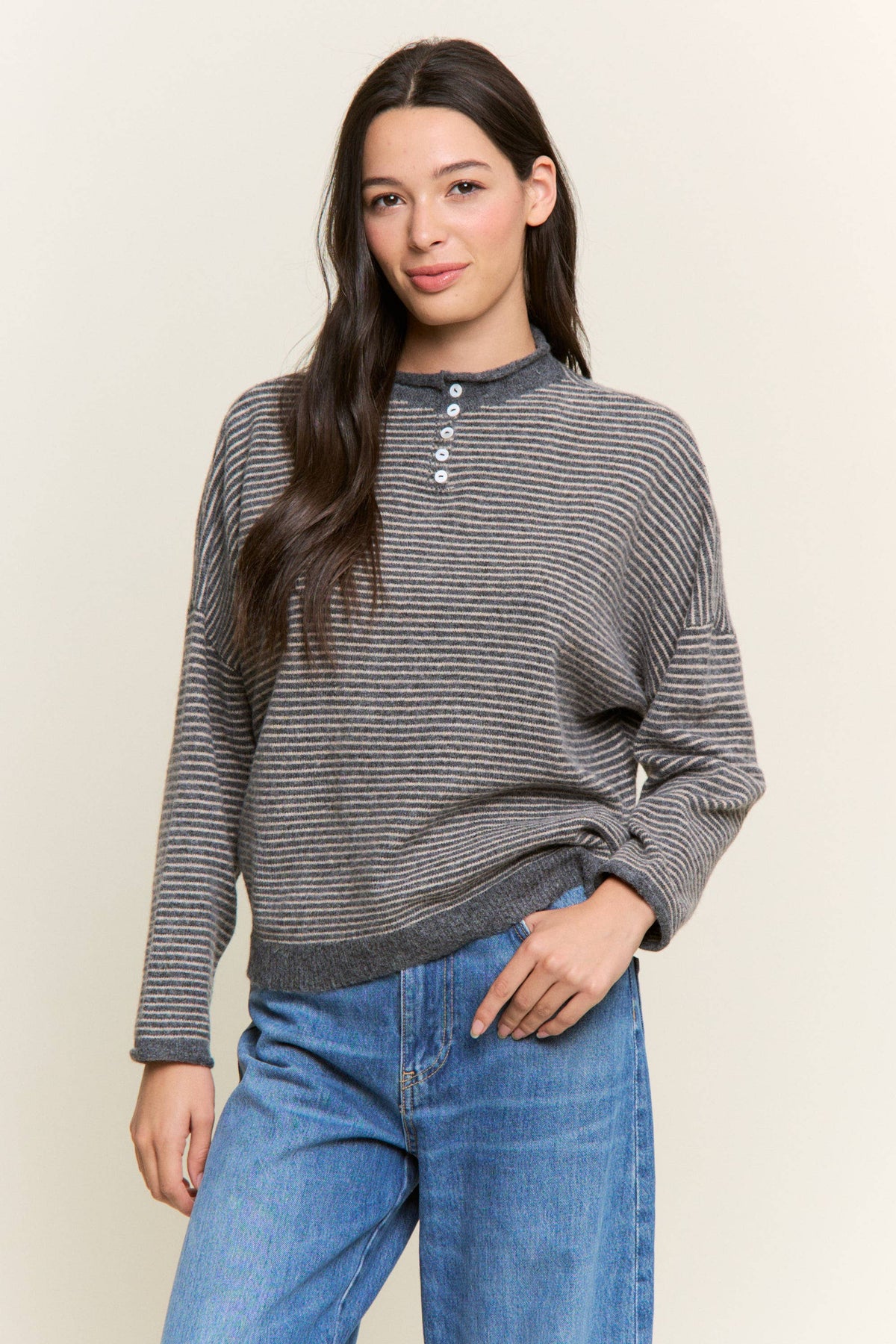 Striped Henley Knit Sweater