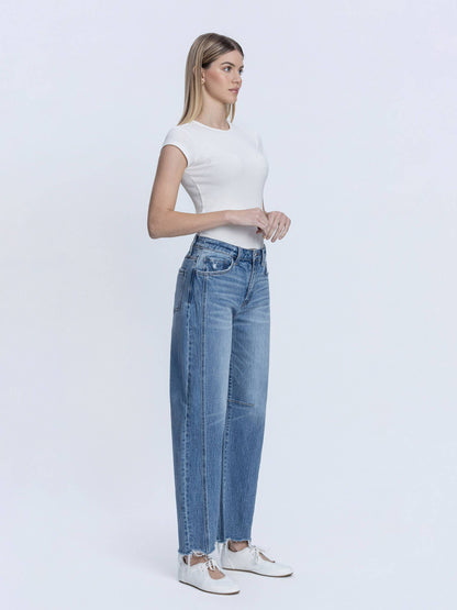 HIGH RISE RAW HEM SEAM DETAIL BARREL JEANS