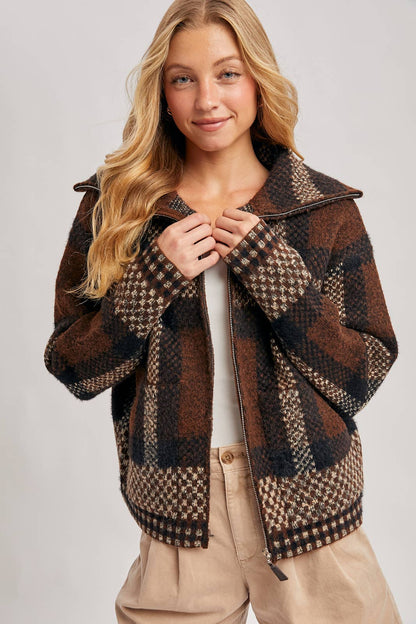Plaid Wide Collar Zip Sweater