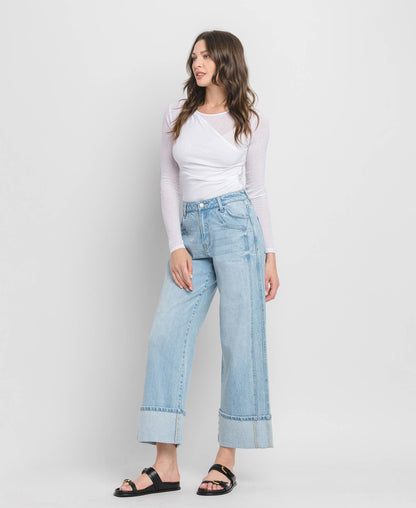 HIGH RISE CUFF BAGGY WIDE JEANS