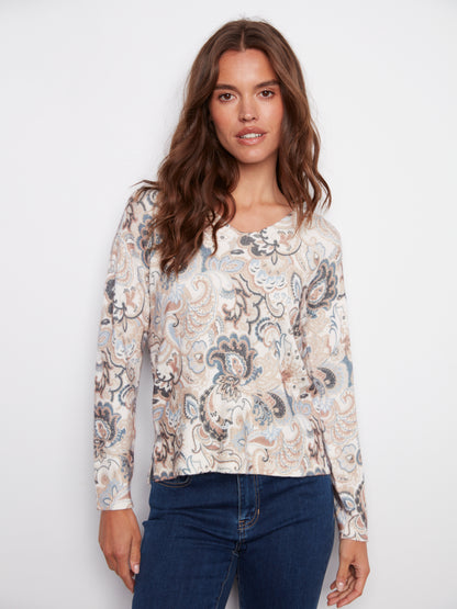Printed Plushy V Neck Sweater