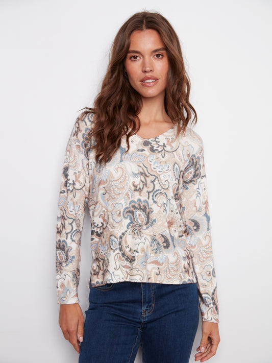 Printed Plushy V Neck Sweater