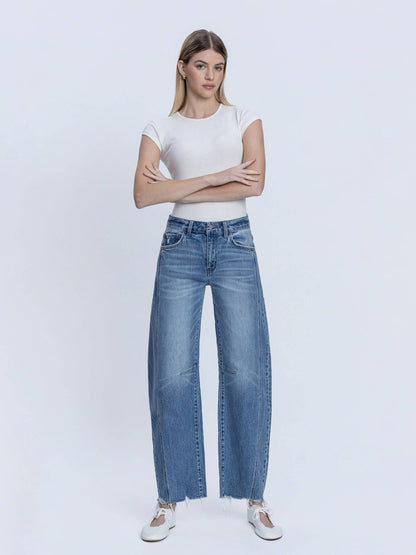 HIGH RISE RAW HEM SEAM DETAIL BARREL JEANS