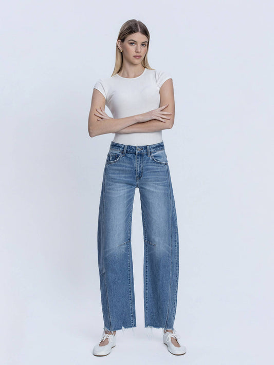 HIGH RISE RAW HEM SEAM DETAIL BARREL JEANS