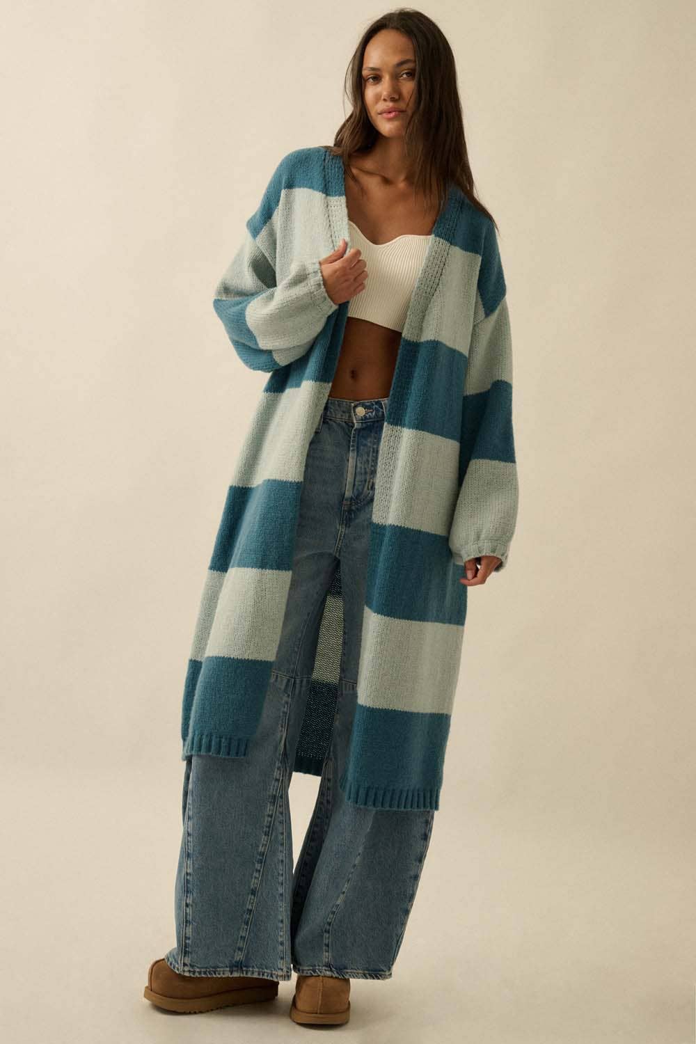 Striped Knit Open Cardi Blue