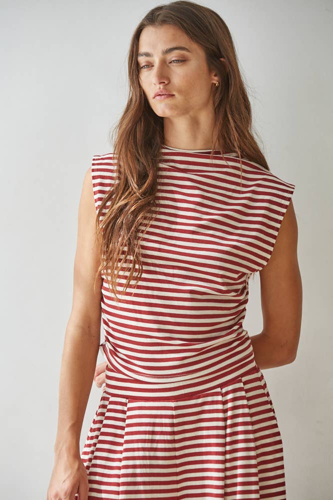 Knit Spandex Mock Neck Top Maroon + Cream (Set Option)