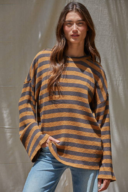 Knit Ribbed Striped Long Sleeve Pullover