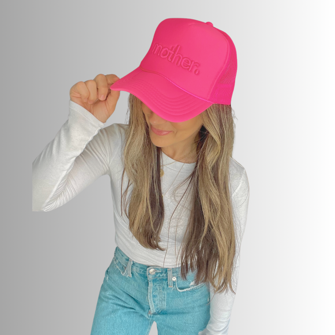 Mother Embroidered Trucker Hat -  Neon Pink