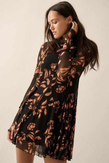 Floral Mesh Long-Sleeve Pleated Skater Mini Dress