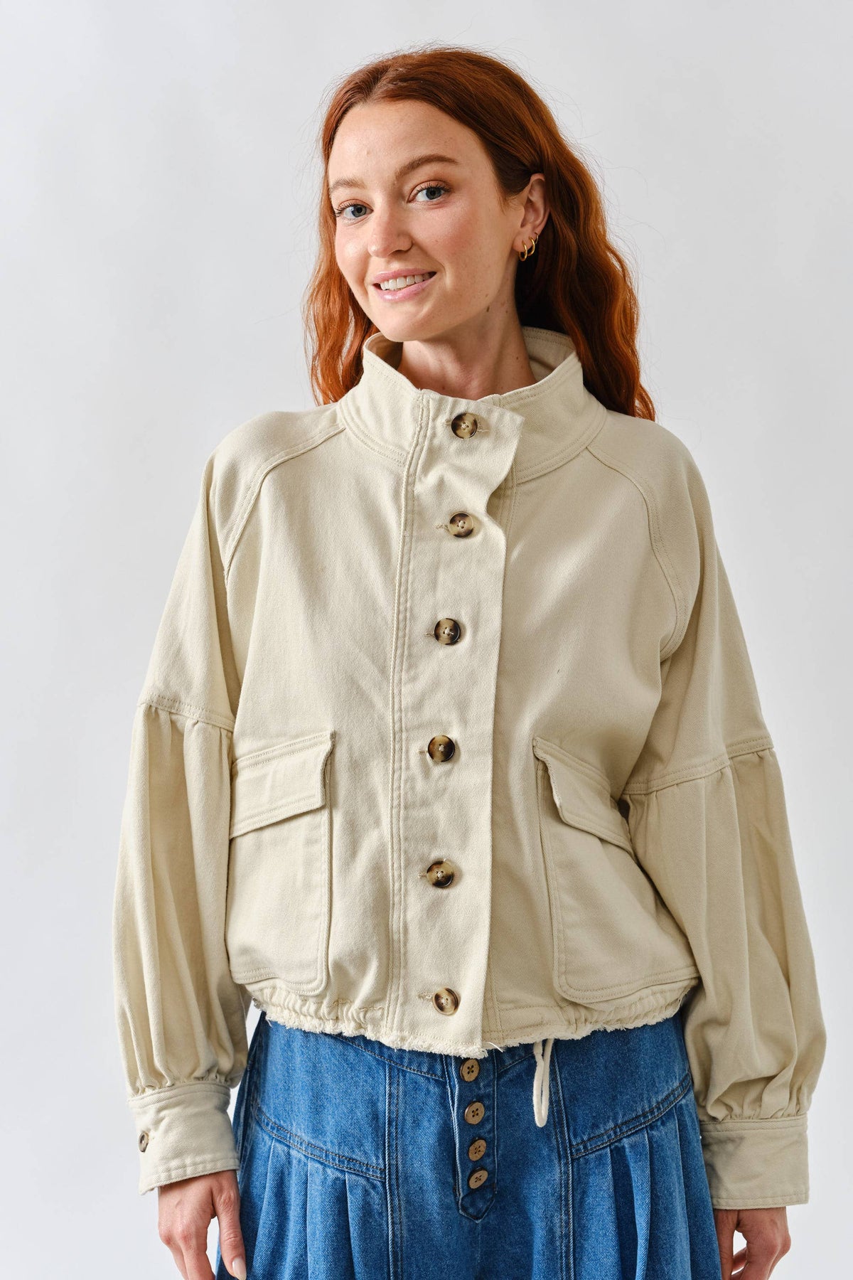 Balloon Sleeve Twill Jacket in Cream