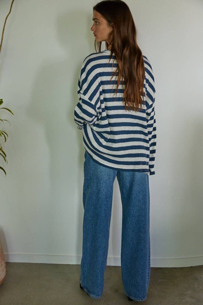 Knit Ribbed Striped Long Sleeve Pullover