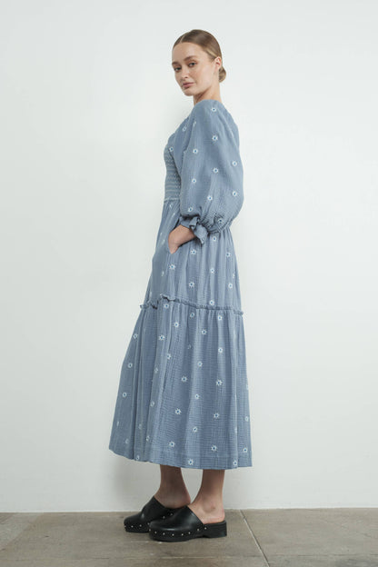 FLOWER EMBROIDERY SMOCKED DRESS