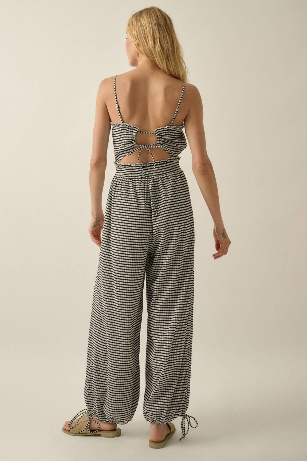 Gingham Plaid Open-Back Bubble-Leg Cami Jumpsuit