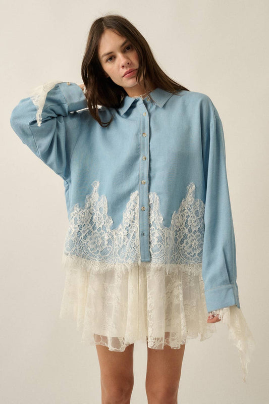 Denim Lace Button Up Blouse
