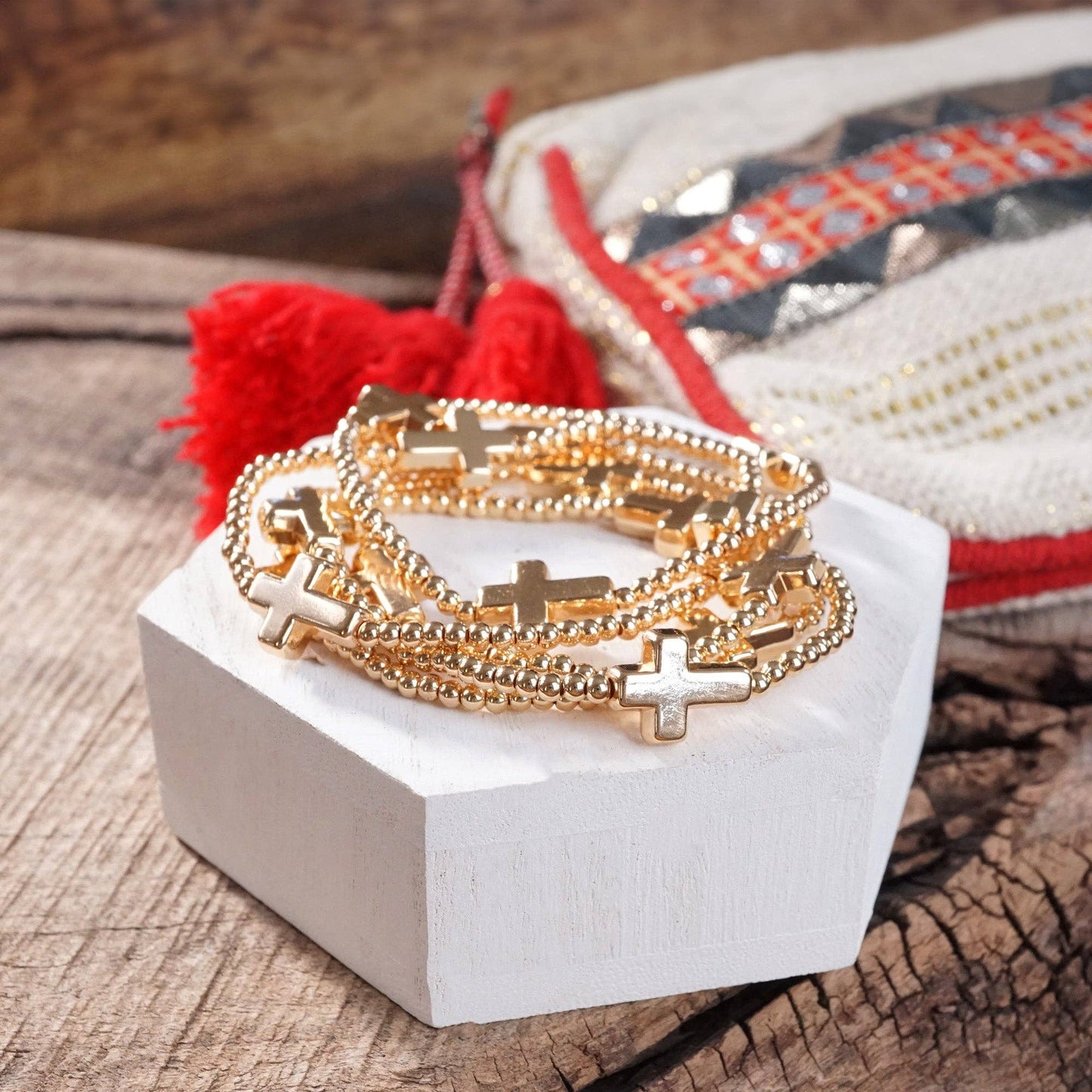 Gold Tone Sideways Cross Bracelet Set of 5